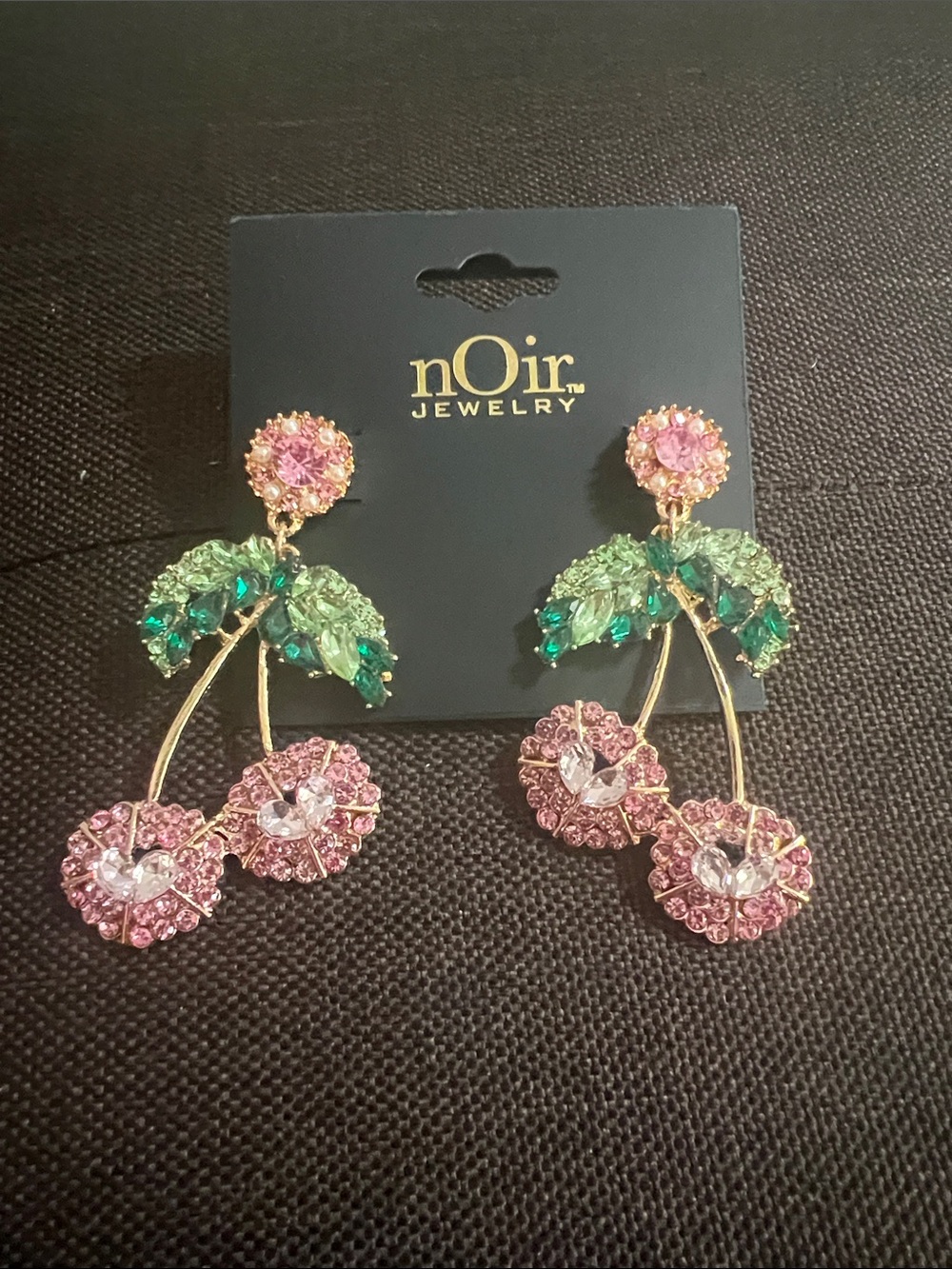#3059**nOir Jewelry Pink & Green Crystal Cherry Drop Earrings - Picture 3 of 17